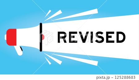 Color megaphone icon with word revised in white banner on blue background Color megaphone icon with word revised in white banner on blue background 125288683