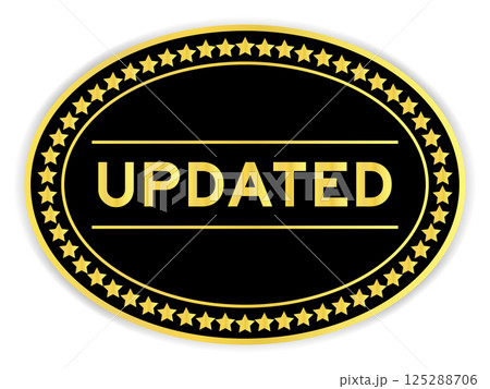 Black and gold color oval label sticker with word updated on white background 125288706