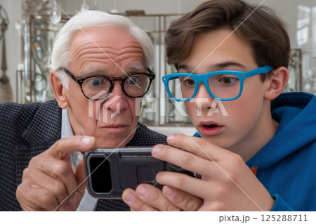 A teenager and his grandfather are looking at something on their smartphone, surprise on their faces 125288711