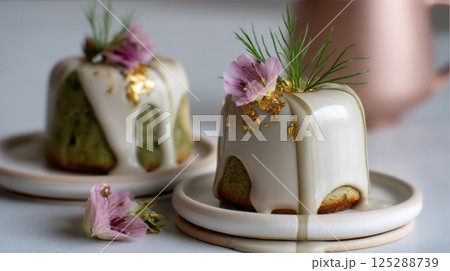 Elegant matcha cake with floral decoration and gold accents for dessert inspiration Elegant matcha cake with floral decoration and gold accents for dessert inspiration 125288739