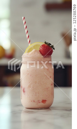 National Lemonade Day Refreshing strawberry lemonade smoothie in a mason jar with striped straw 125288769