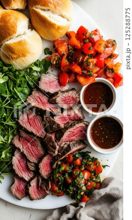 National Italian Beef Day Grilled steak with tomato salad and bread rolls on white plate 125288775