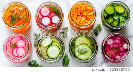 National Vinegar Month (May) Assorted colorful pickled vegetables in glass jars on white marble background 125288790