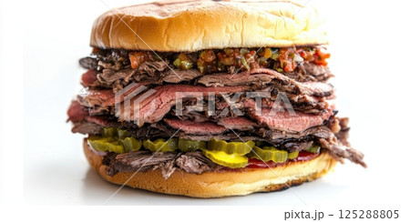 Juicy stacked roast beef sandwich with pickles and relish on bun 125288805