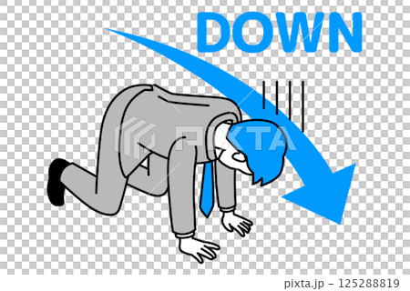 A man in a suit kneeling and feeling depressed with a descending arrow 125288819
