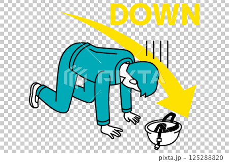 A descending arrow and a male worker who is depressed on his knees A descending arrow and a male worker who is depressed on his knees 125288820