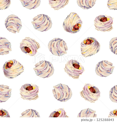 seamless pattern, pink meringues, marshmallow. sweetness, sweet cake, dessert. for cafe, sweet shop, confectionery. 125288843