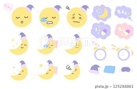 眠る月、睡眠のかわいいイラスト・アイコンセット 眠る月、睡眠のかわいいイラスト・アイコンセット 125288861