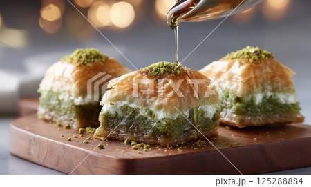 National Baklava Day. Delicious baklava dessert with honey drizzle for sweet indulgence 125288884