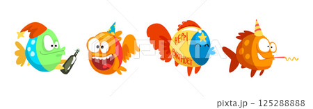 Funny Fish Character Floating with Champagne and Whistle Celebrating Holiday Vector Set Funny Fish Character Floating with Champagne and Whistle Celebrating Holiday Vector Set 125288888