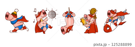 Funny Pink Pig Character in Red Cape Engaged in Different Activity Vector Set Funny Pink Pig Character in Red Cape Engaged in Different Activity Vector Set 125288899