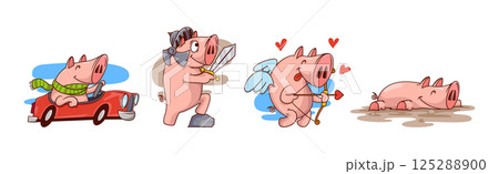 Funny Pink Pig Character Engaged in Different Activity Vector Set Funny Pink Pig Character Engaged in Different Activity Vector Set 125288900