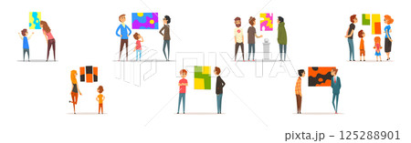 People at Art Gallery Look at Museum Exhibition Vector Set 125288901