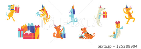 Dog Puppy at Birthday Party Celebrate Holiday Vector Set Dog Puppy at Birthday Party Celebrate Holiday Vector Set 125288904