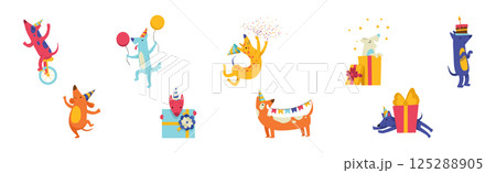 Dog Puppy at Birthday Party Celebrate Holiday Vector Set Dog Puppy at Birthday Party Celebrate Holiday Vector Set 125288905