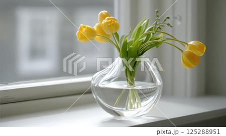 Elegant glass vase with yellow tulips on a windowsill in soft natural light 125288951