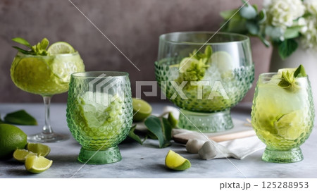 Green hobnail glassware set with lime and ice on marble surface 125288953