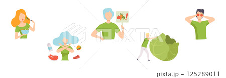 Vegetarian Diet with Man and Woman Eat Fresh Veggie Vector Set 125289011