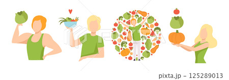 Vegetarian Diet with Man and Woman Eat Fresh Veggie Vector Set 125289013