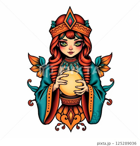 tattoo style illustration of a fortune teller with a crystal ball tattoo style illustration of a fortune teller with a crystal ball 125289036