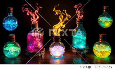 collection of glowing magical potions. Fantasy bottles with glowing alchemy elixir and flames 125289225