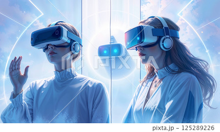 Two persons in VR headset in abstract immersive space 125289226
