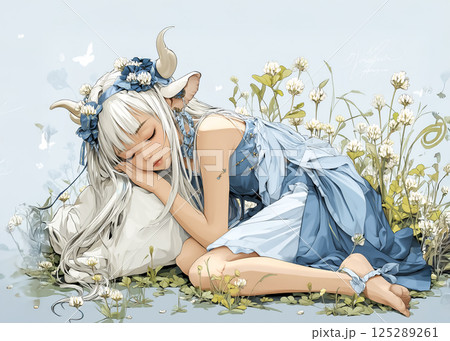 眠る蜂ガール、牛の妖精のイラスト素材 125289261