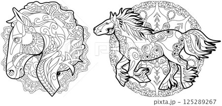 Zentangle horses on mandala. Hand drawn decorative vector illustration for coloring. 125289267