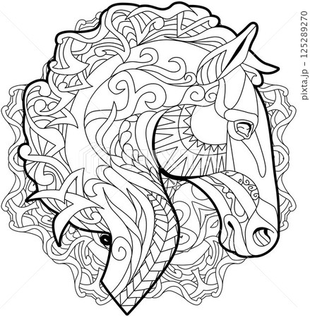 Zentangle horse head with mandala. Hand drawn decorative vector illustration for coloring. 125289270