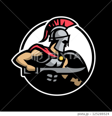 Spartan warrior in armor and with a sword on a dark background. 125289324