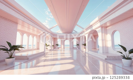 virtual reality location. architectural scene for VR environmental design with pink hallway, overlooking the ocean virtual reality location. architectural scene for VR environmental design with pink hallway, overlooking the ocean 125289338