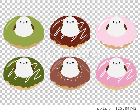 Cute long-tailed tit and 6 kinds of colorful donuts set Cute long-tailed tit and 6 kinds of colorful donuts set 125289742
