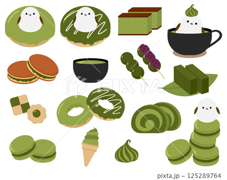 シマエナガと抹茶スイーツのイラスト素材セット 125289764