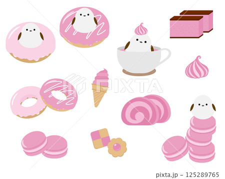 シマエナガとストロベリースイーツのイラスト素材セット 125289765