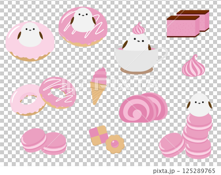 シマエナガとストロベリースイーツのイラスト素材セット 125289765