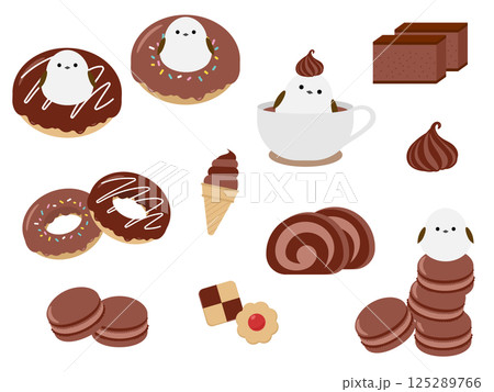 シマエナガとチョコレートスイーツのイラスト素材セット 125289766