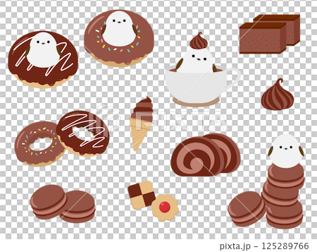 シマエナガとチョコレートスイーツのイラスト素材セット 125289766
