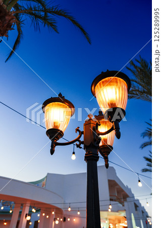Elegant street lamp illuminated at dusk with palm trees in the background near vibrant outdoor dining area Elegant street lamp illuminated at dusk with palm trees in the background near vibrant outdoor dining area 125289995