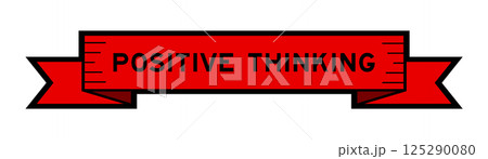 Ribbon label banner with word positive thinking in red color on white background 125290080