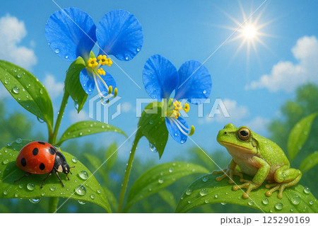 雨上がりのつゆ草に雨蛙とテントウムシ 雨上がりのつゆ草に雨蛙とテントウムシ 125290169