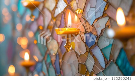 Double exposure effect of candlelight glow overlaying mosaic textures, expressing calm and spiritual ambiance, close-up view of stained glass fragments with soft light bloom Double exposure effect of candlelight glow overlaying mosaic textures, expressing calm and spiritual ambiance, close-up view of stained glass fragments with soft light bloom 125290242