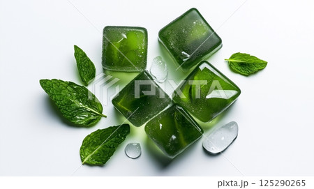 Mint ice cubes, with water droplets on a white background. 125290265