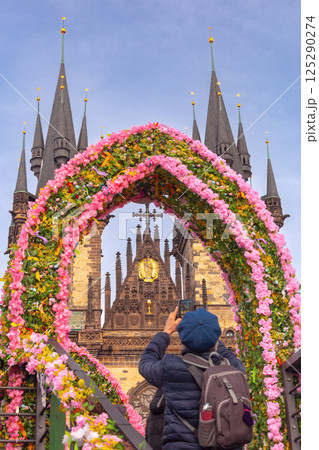 Tyn Church in Prague Czech Republic with spring decoration Tyn Church in Prague Czech Republic with spring decoration 125290274