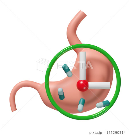 3d human stomach with clock, medicine isolated. The concept of taking medicine on time, 3d illustration render 125290514