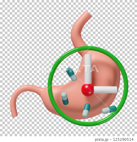 3d human stomach with clock, medicine isolated. The concept of taking medicine on time, 3d illustration render 125290514