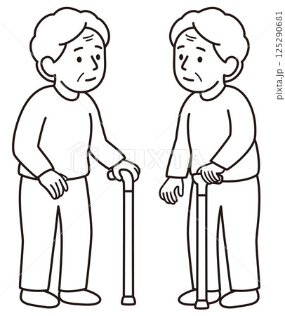 左手で杖をついている左利きのおばあさんのモノクロ線画ベクターイラスト右向き左向きセット 125290681
