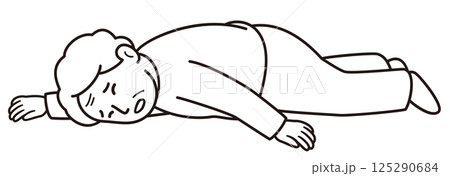 転倒して動けなくなっている痛そうな表情のおばあさんのモノクロ線画ベクターイラスト 転倒して動けなくなっている痛そうな表情のおばあさんのモノクロ線画ベクターイラスト 125290684