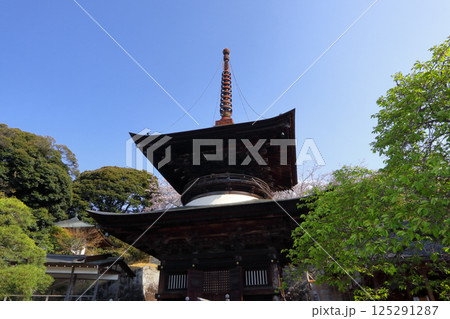 ロマンチック茨城（大地から青空に向かって空中にそびえ立つ雨引観音の多宝塔。）桜川市、雨引山楽法寺 125291287