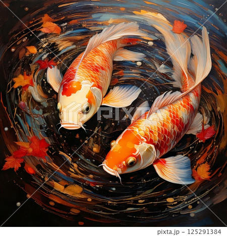 紅葉の中を泳ぐ鯉のアクリル絵の具風イラストのイラスト素材