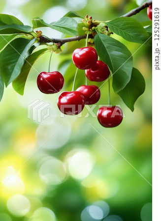 Close-up of cherry tree branch witht red wild cherries and leaves against blurry green background 125291619